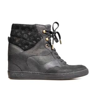Louis Vuitton Black Leather/Suede Cliff Top Wedge Sneakers | 37